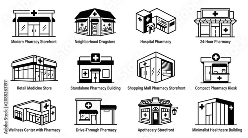 Obraz na plátně Black and White Pharmacy and Drugstore Building Storefront Vector Icon Set Featu