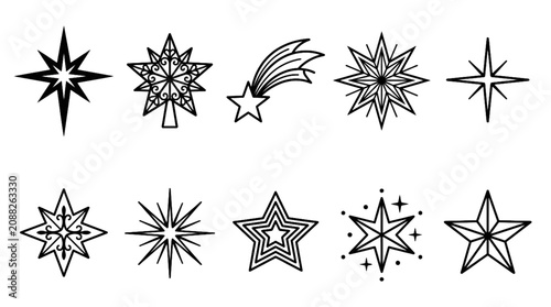 Christmas Star Bethlehem Star and Sparkle Vector Icon Set Featuring Holiday Celestial Symbols Radiant Twinkles and Festive Line Art Designs