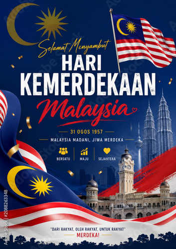 Quadro su tela Malaysia Independence Day Celebration Poster with Flag and Landmark Illustration