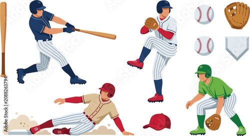Obraz na płótnie Baseball players and equipment collection with flat vector illustrations of batt