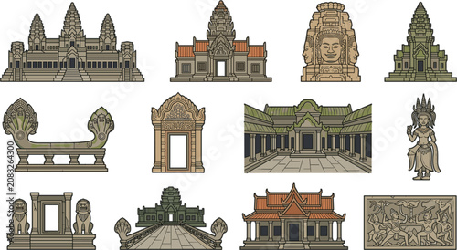 Tableau sur toile Angkor Wat temple ruins and ancient Cambodian architecture element collection wi