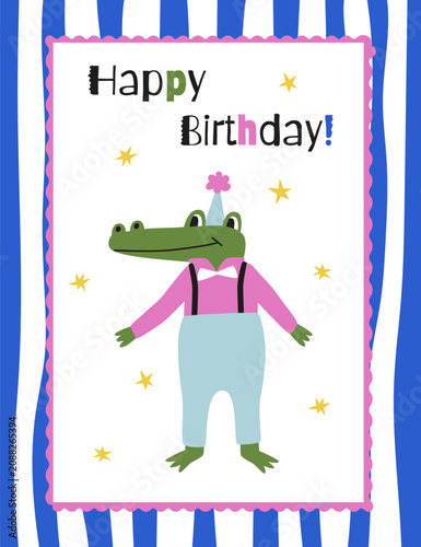 A card with a cute crocodile wearing a party hat and congratulatory text. Vector illustration for covers, scrapbooking, sticker and more