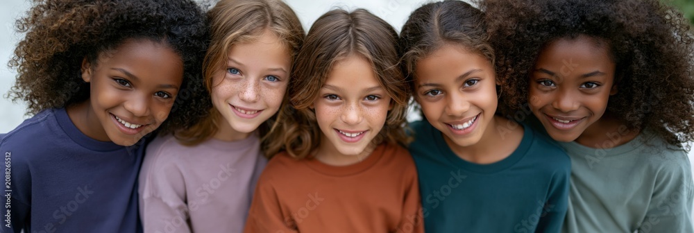 Obraz premium Five happy diverse children closeup portrait lineup for educational website banner and school poster background showcasing friendship