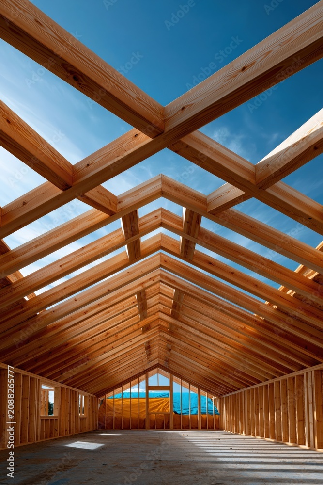 Obraz premium Symmetrical wooden roof truss perspective with exposed beams and open sky view for architectural background and poster design