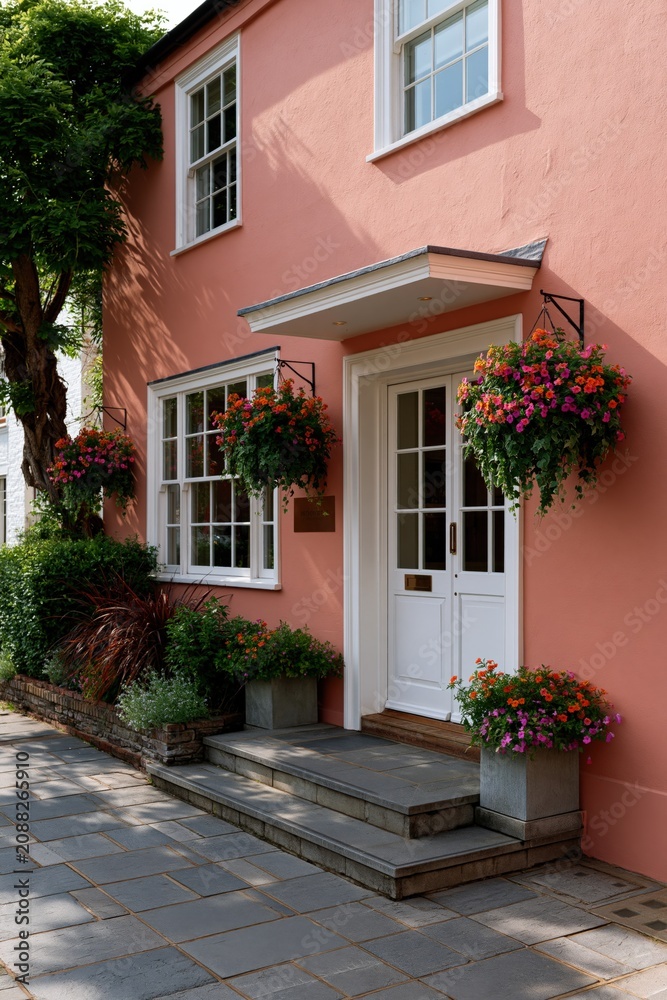 Obraz premium White framed front door with hanging flower baskets on pink facade for cottage entrance background and exterior design