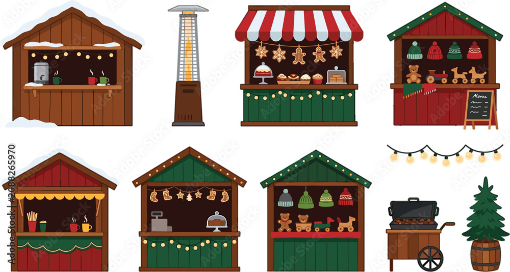 Fototapeta premium Christmas market wooden stalls collection with festive holiday food kiosk souvenir shops patio heater and fairy lights vector illustration