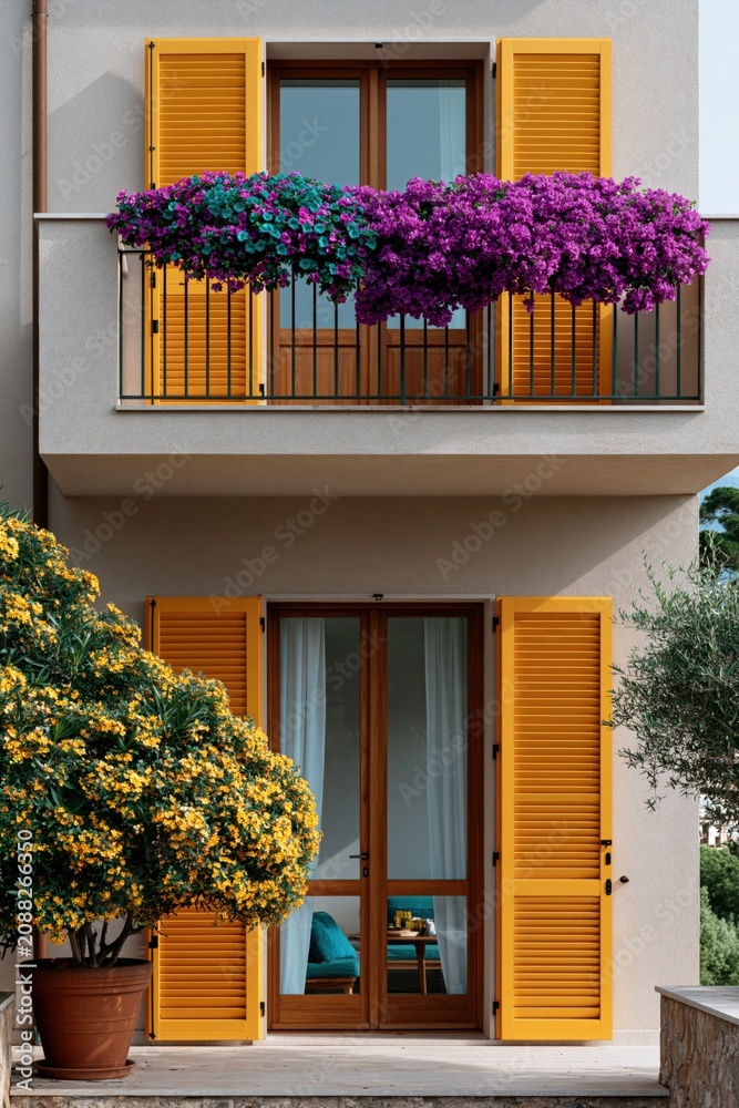 Fototapeta premium Two story mediterranean building with yellow shutters and purple balcony blooms and potted shrubs for exterior wallpaper and architectural background design