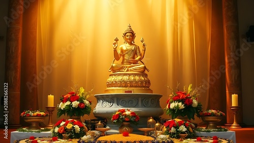 Golden idol statue on a stone pedestal with fresh flowers and offerings in warm light.