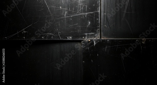 Scratched Black Metal Panels Joined with Rivets in Dark Industrial Surface