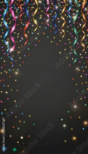 Luxury colorful confetti and ribbons on a dark background, creating an elegant festive atmosphere