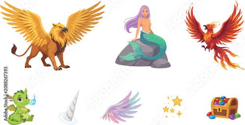 Fotografía Mythical Creatures and Fantasy Beast Vector Character Set with Golden Griffin Me