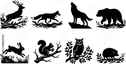 Woodland animal silhouette collection featuring deer, fox, wolf, bear, rabbit, squirrel, owl, and hedgehog designs