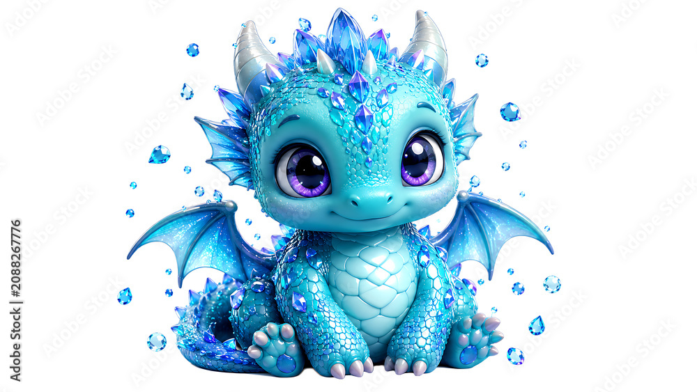 Fototapeta premium Adorable small blue dragon fantasy creature 3D render isolated on white
