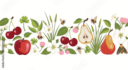 Seamless horizontal border illustration featuring ripe red apples, cherries, pears, white orchard blossoms, green leaves, clovers, and bumblebees isolated on a white background.