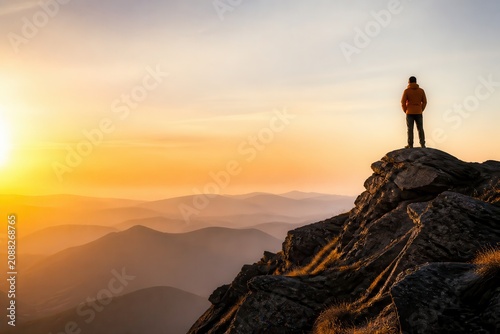 Mountain hiker standing on rocky summit at sunrise over misty valleys