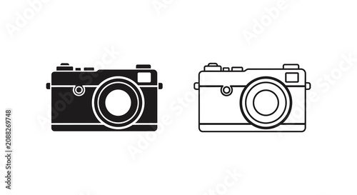 Bild auf Leinwand Rangefinder Camera Icons Black And White Line Art On White Background