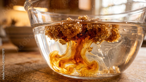 Coarse brown cane sugar crystals slowly dissolving in clear liquid forming beautiful sweet amber syrup trails
