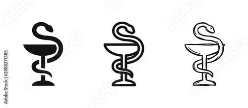 Fotografie Pharmacy and medicine symbols: snake entwined around a cup, three styles