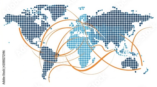 Global Network - Dotted World Map with Orange Curved Connection Lines Showing International Trade and Communication Routes