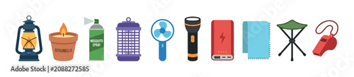 Camping and outdoor essentials including a lantern, citronella candle, mosquito spray, bug zapper, portable fan, flashlight, power bank, towel, folding stool, and whistle.
