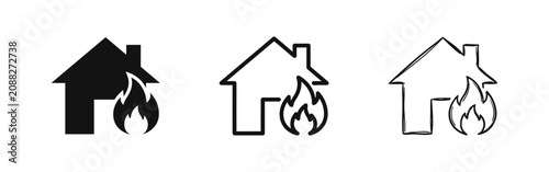 Foto House on fire icon set, home insurance and fire safety warning signs