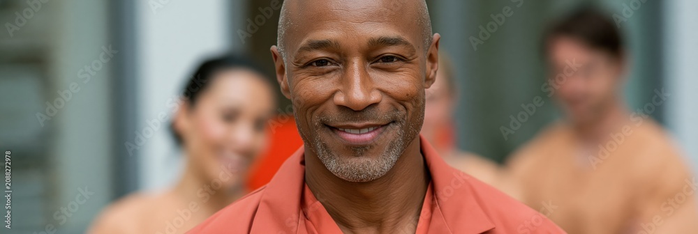 Obraz premium Senior male nurse portrait with blurred medical team behind