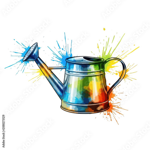 Colorful watering can with water splash and droplets
