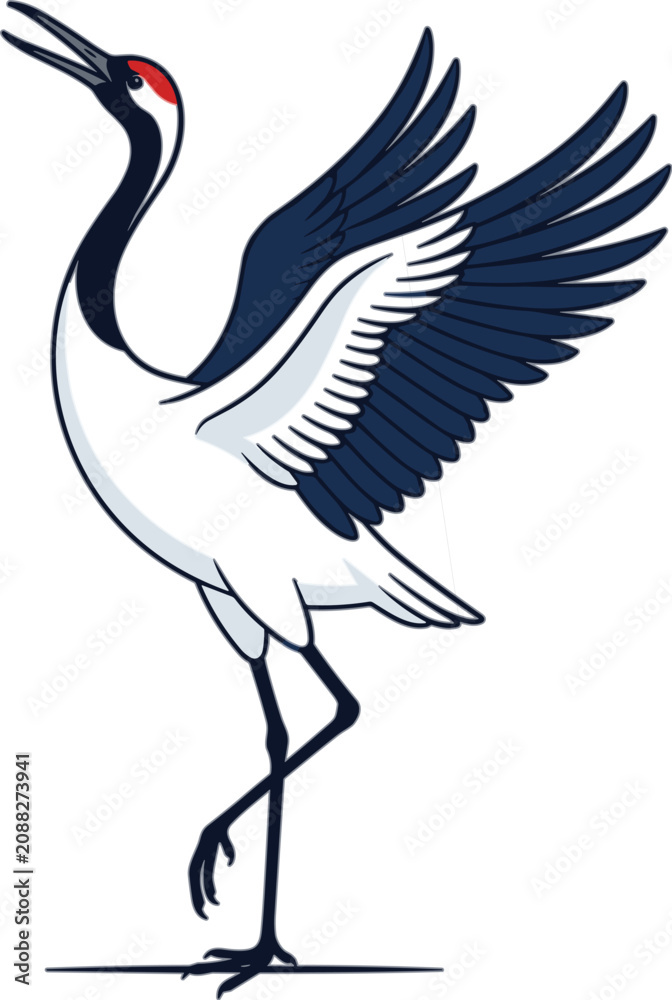 Fototapeta premium Traditional Japanese red-crowned crane bird dancing with open wings isolated on white background vector cartoon illustration concept.