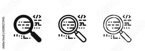 Photography Set of three code search icons with magnifying glass and programming syntax in g