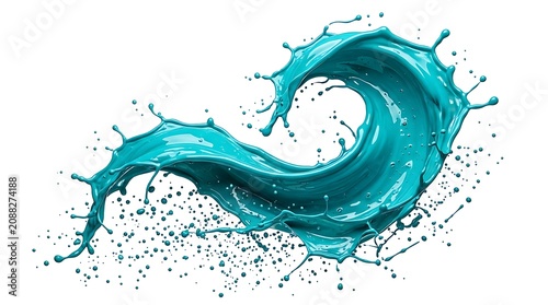 Dynamic teal paint splash high speed fluid motion isolated on white