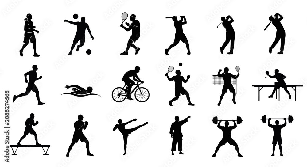 Fototapeta premium Sport siluet icons set depicting diverse athletic activities and physical training exercises in minimalist design