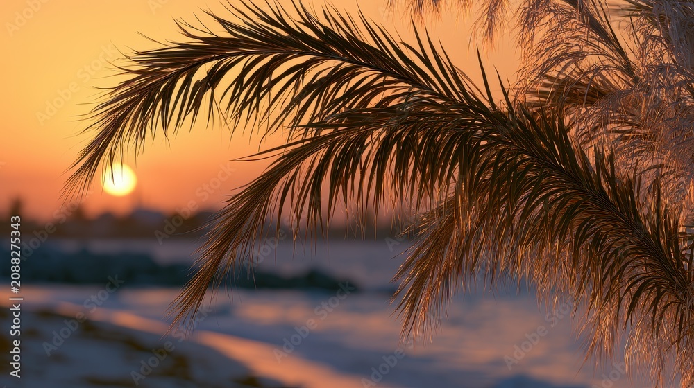 Fototapeta premium Oceanfront sunset majestic fronds warm amber sky mindfulness serenity close up coastal dream theme dynamic Manipulation sandy shore backdrop.
