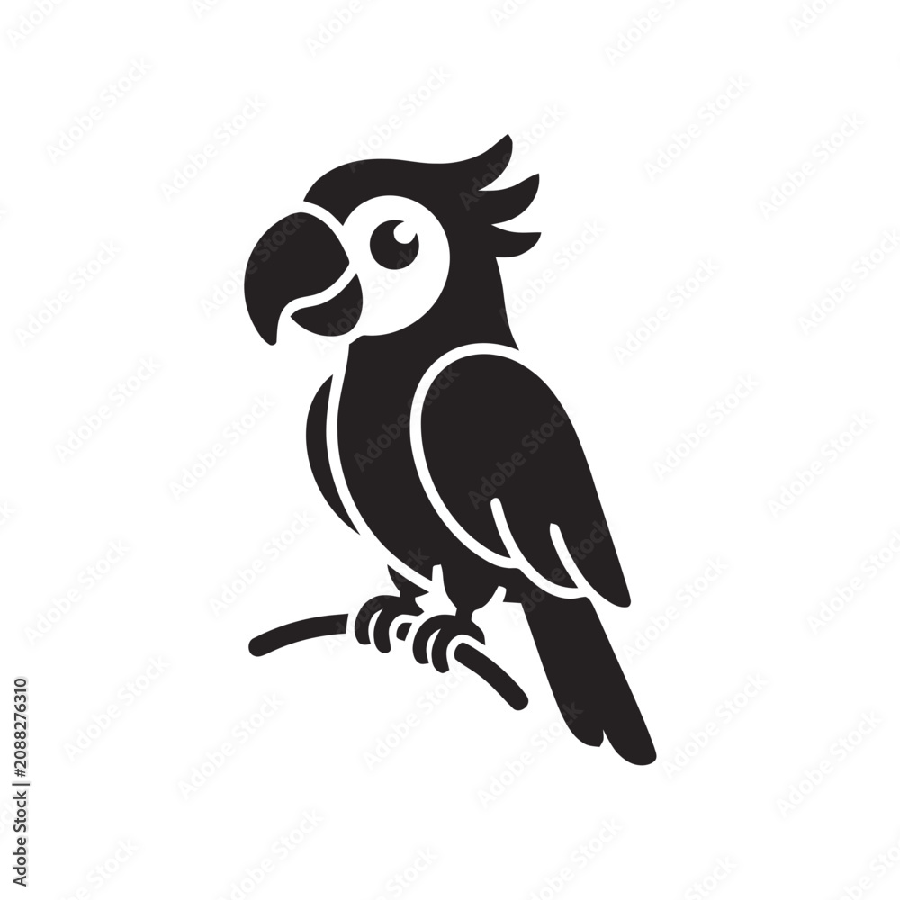 Fototapeta premium Cute Silhouette Parrot Perched on Branch, Vector Illustration