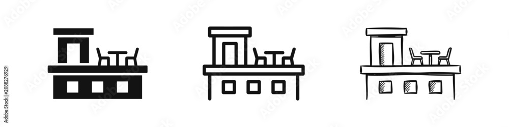 Fototapeta premium Rooftop terrace and building icon set in different styles