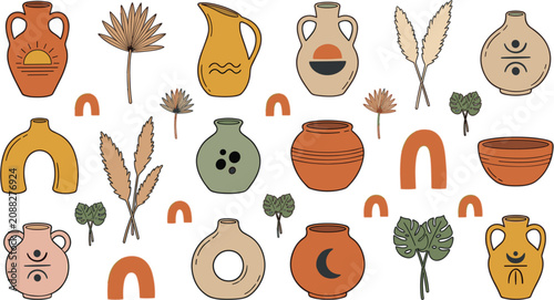 Φωτογραφία Boho ceramic vase vector set with terracotta pottery amphora jugs dried pampas grass palm leaves and abstract arches illustrations