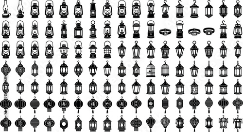 Foto Large collection of lantern silhouettes featuring vintage oil lamps camping lights Arabic Ramadan lanterns and traditional Chinese paper lanterns isolated on white background