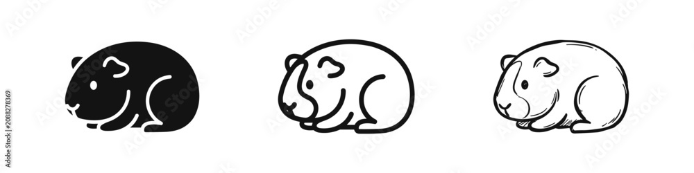 Fototapeta premium Guinea pig pet icon set in three styles: solid, outline and sketch