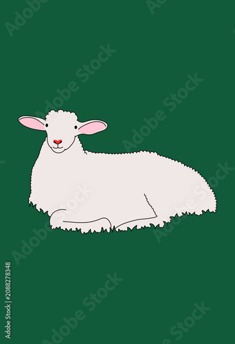 Portrait Vector Illustration of a Funny Sheep Lying on Grass Field Pasture Background
