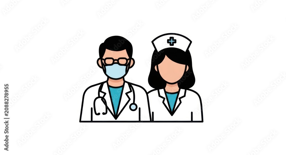 Fototapeta premium Medical professional icons featuring male doctor and female nurse in uniform.
