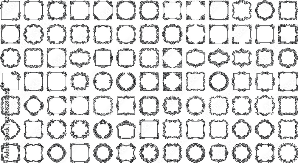 Fototapeta premium Mega bundle of vintage calligraphic frames ornamental wedding borders baroque labels and classical luxury design elements isolated on white background.