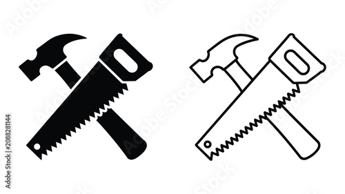 Tableau sur toile Hammer and saw icon featuring carpenter hand tools for woodworking, construction, home renovation, repair services, and workshop vector illustration
