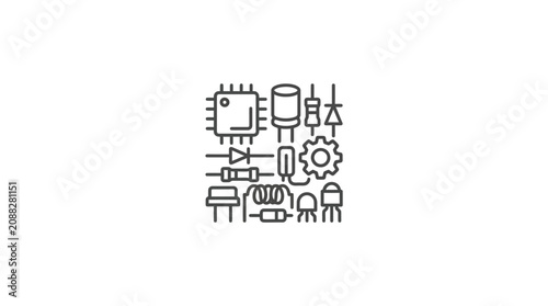 Картината върху платно Industrial Black and White Line Art of Electronic Components and Circuit Element