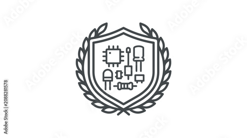 Elegant Black and White Shield Emblem Featuring Electronic Components and Circuit Design Elements