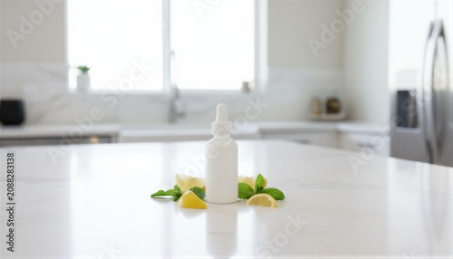 Fresh citrus flavor enhancer bottle on a sunlit minimalist stone countertop