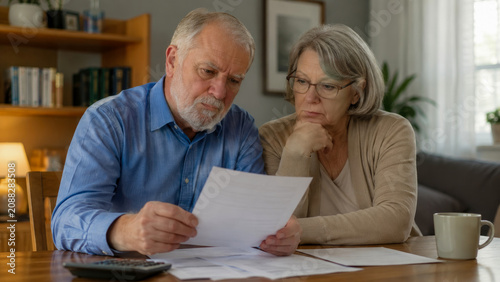 Elderly Caucasian Couple Faces Financial Stress and Uncertainty While Carefully Reviewing Bills and Documents Together at Their Home Table During Difficult Economic Time