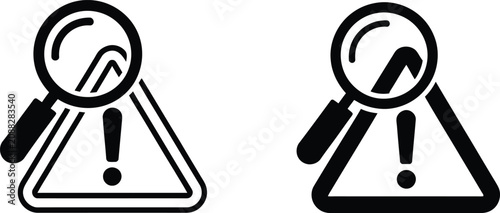 Warning sign character with magnifying glass looking at exclamation mark
