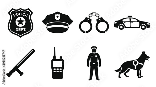 Police icons, law enforcement symbols, black vector graphics, crime prevention signs