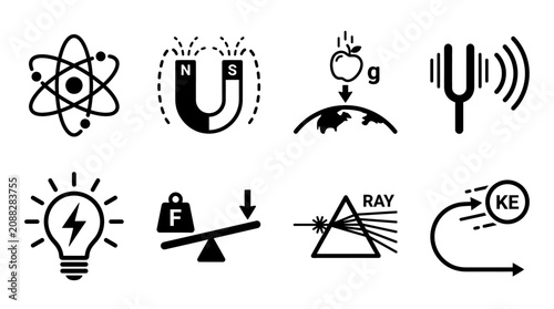 Physics, science and technology icons, black vector set, 10 symbols, educational illustrations