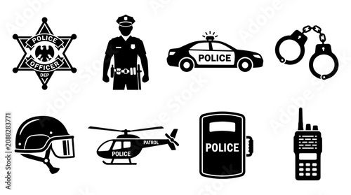 Police badges, officers, vehicles, gear, icons, set of 8
