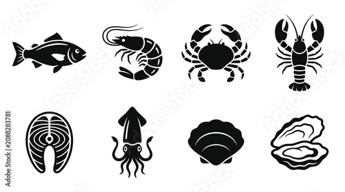 Seafood icons, ocean creatures, black silhouettes, vector set of 8
